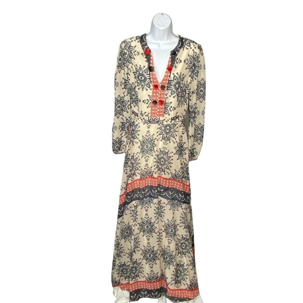 Sheryl Crow Blue White Red Printed Dress Boho Maxi Long Sleeve Size 8 Hippy